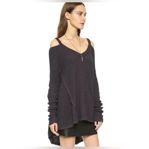 Free People Moonshine Charcoal Gray Cold
Shoulder Hi-Low Knit Fringe Sweater S